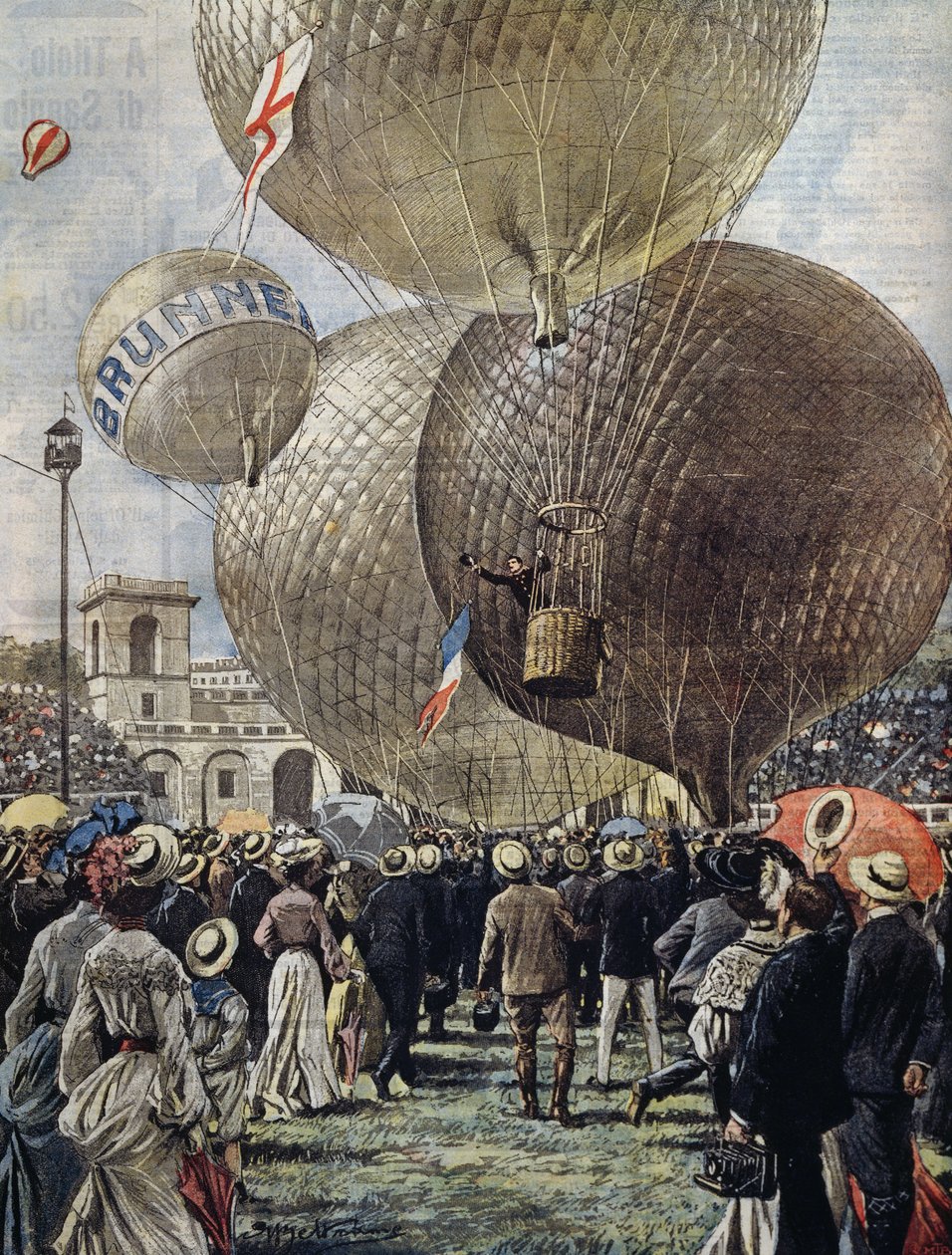 Hőlégballon indulása a milánói légikiállításon, Achille Beltrame illusztrációja a La Domenica del Corriere-ből, június 19. alkotó: Achille Beltrame