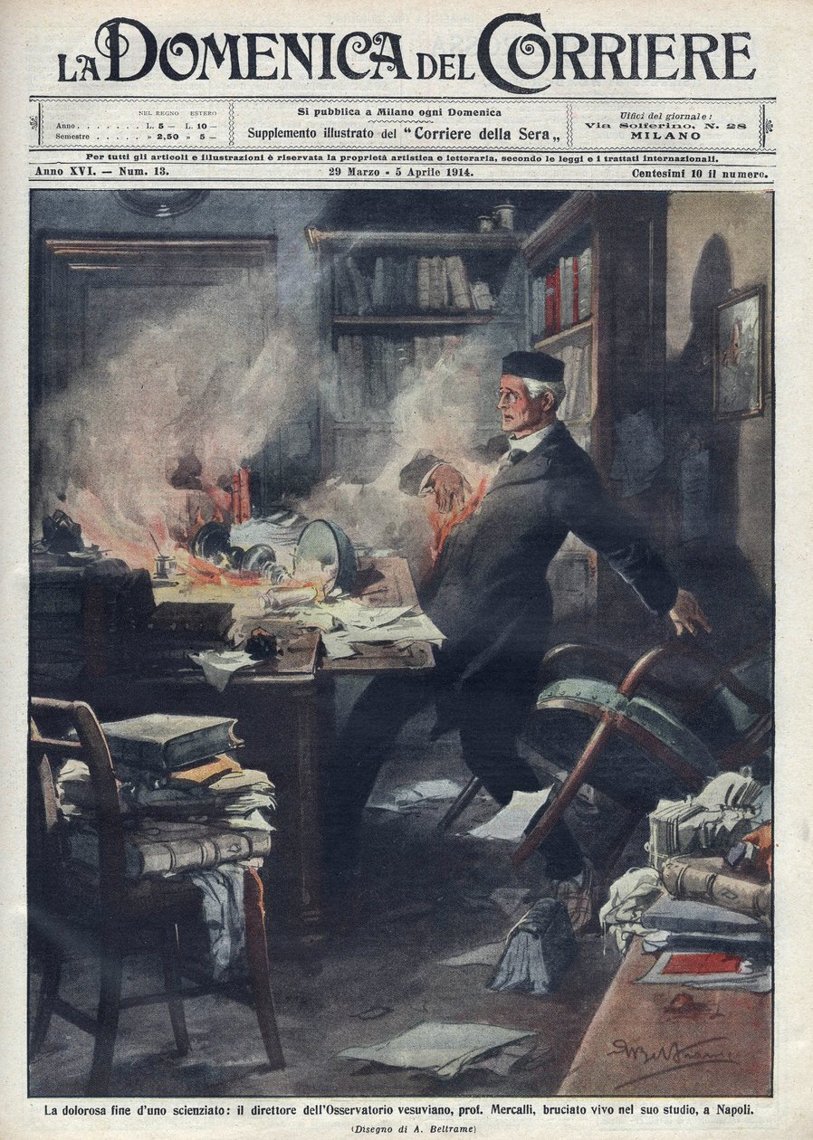 Nápolyi laboratóriumában halt meg Giuseppe Mercalli (1850-1914) olasz szeizmológus és vulkanológus. Achille Beltrame illusztrációja a „” La domenica del corriere””-hez”. 1914. alkotó: Achille Beltrame