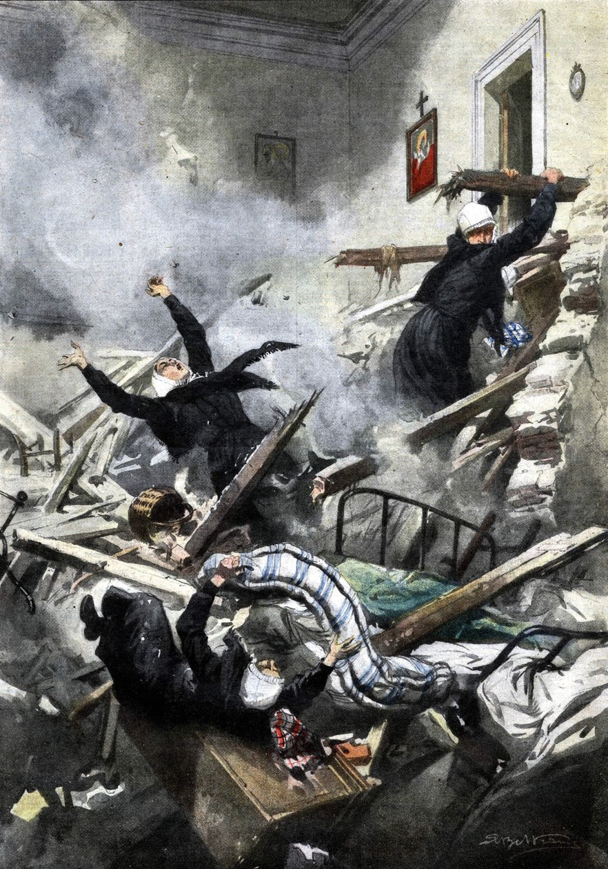 Katasztrófa egy épületben Genovában: jó nővérek tűntek el két lakás összeomlásakor. Ill. de Beltrame. „La Domenica del Corriere”. 04/1914. alkotó: Achille Beltrame
