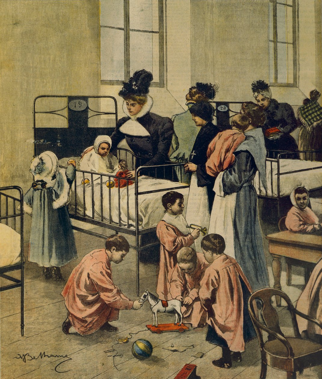 Karácsonyi ajándékok kiosztása szegény gyerekeknek kórházban, Achille Beltrame, illusztráció, Achille Beltrame (1871-1945) illusztrátor, La Domenica del Corriere, 1900. november 23. alkotó: Achille Beltrame