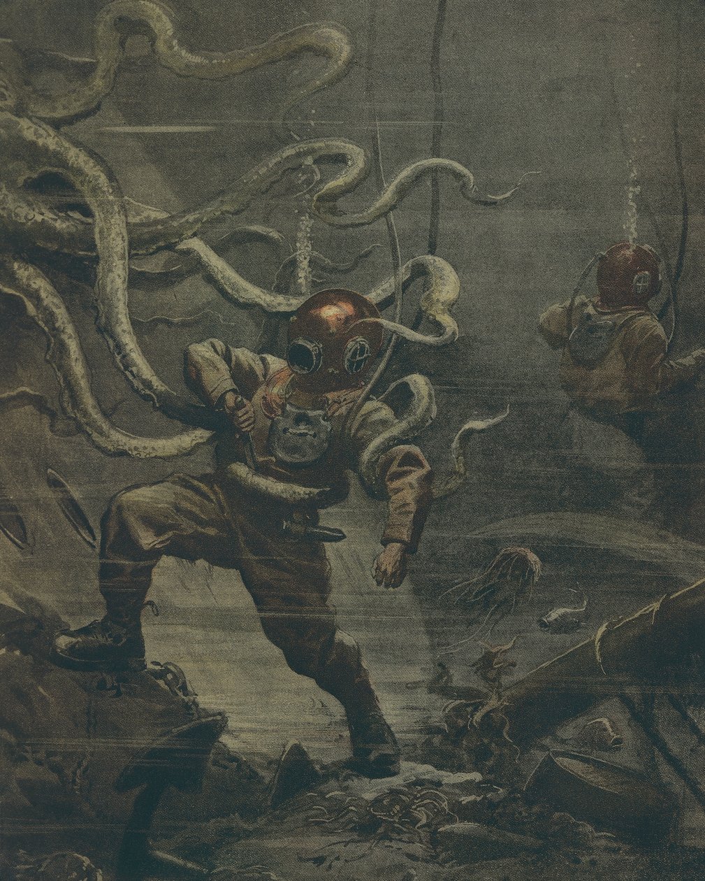 A búvárt óriás polip támadta meg merülés közben, Achille Beltrame, illusztráció, Achille Beltrame (1871-1945) illusztrátor, La Domenica del Corriere, 1908. október 25. alkotó: Achille Beltrame