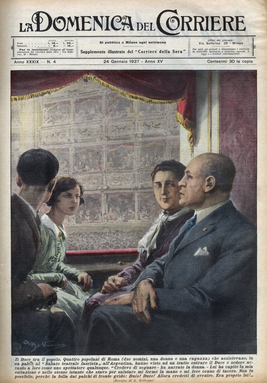 Duce Benito Mussolini, a fasiszta kormány feje, aki a római „Teatro Argentina”-ba jött egy előadást megnézni, betelepszik a hozzá oly közel álló olasz nézők közé. Achille Beltrame illusztrációja a „” La domenica del corriere” című filmben, 1937.01.24. alkotó: Achille Beltrame