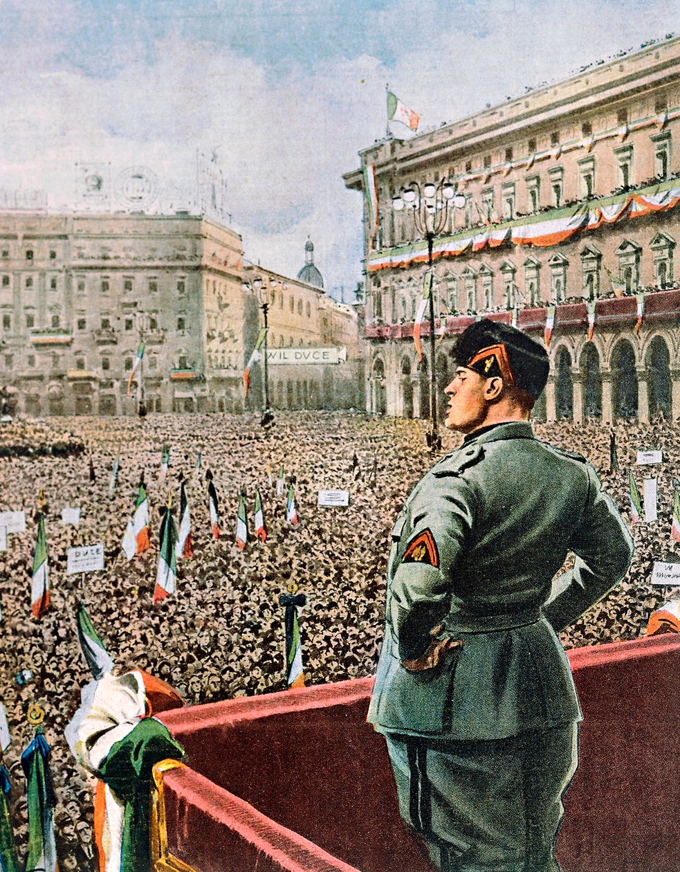 Duce beszéde a milánói Piazza Duomo-ban, Achille Beltrame (1871-1945) a La Domenica del Corriere 1930. májusi számából alkotó: Achille Beltrame
