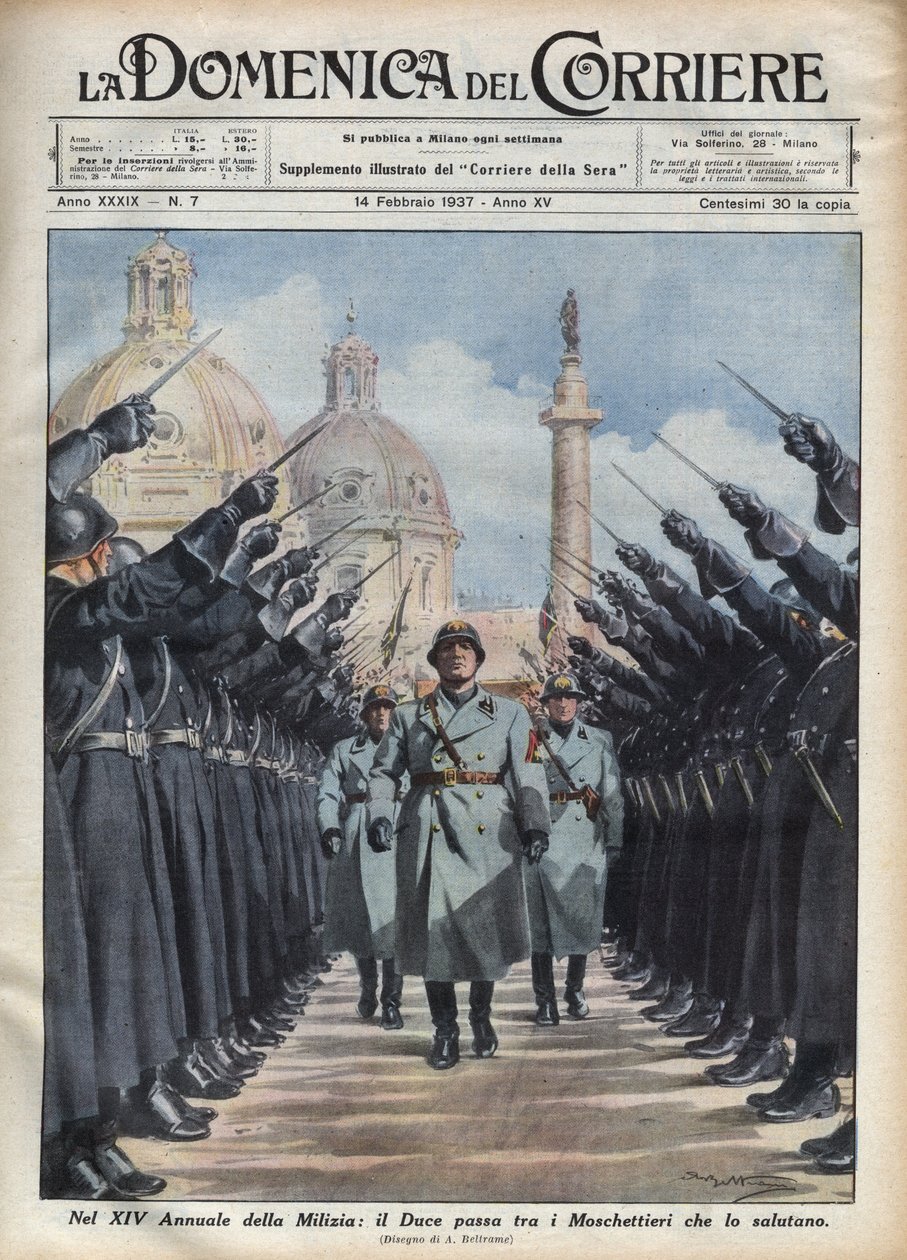 Benito Mussolini herceg áttekinti a római Nemzetbiztonsági Önkéntes Milícia „muskétásait”. Achille Beltrame illusztrációja a „” A futár vasárnapja” című filmben, 1937.02.14. alkotó: Achille Beltrame
