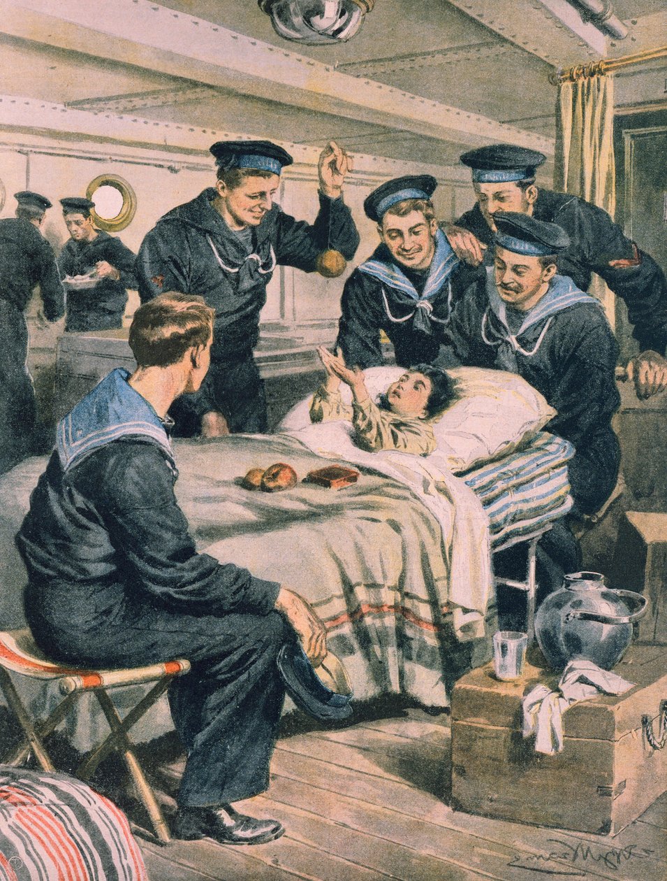 Földrengés Messinában, a gyermeket a haditengerészet megmentette a romoktól és hajóval szállította, Achille Beltrame, illusztráció, Achille Beltrame (1871-1945), La Domenica del Corriere, 1908. december 28. alkotó: Achille Beltrame