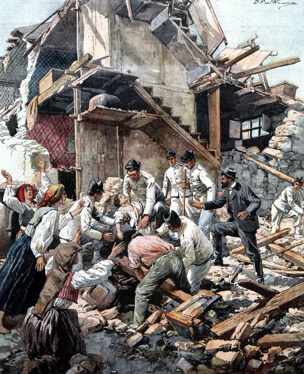 Földrengés Reggióban (Calabria) 1908.12.28. A katonák a romok között keresik a földrengés áldozatait. Illusztráció: Beltrame. alkotó: Achille Beltrame