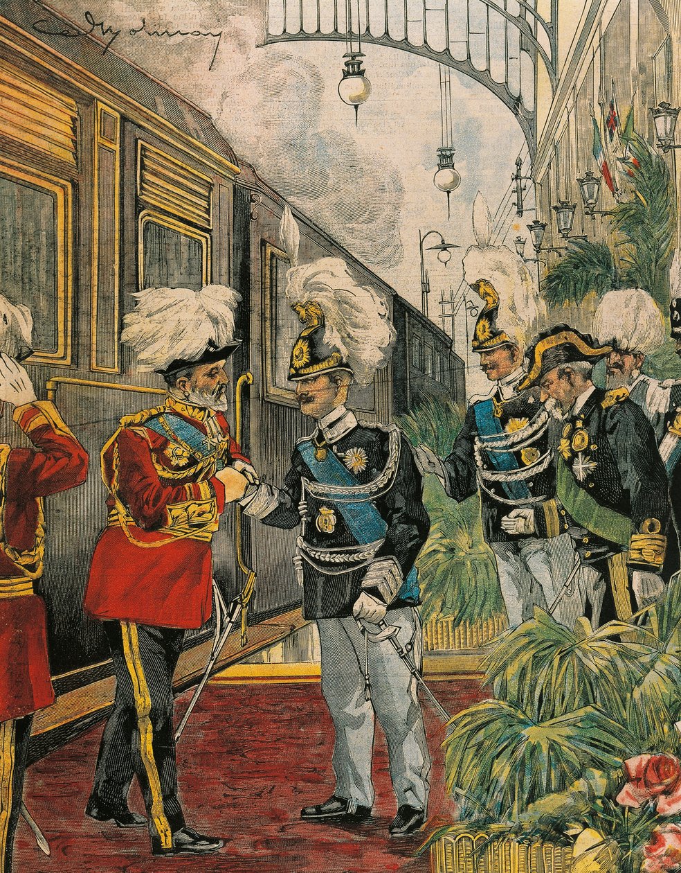 VII. Edward angol király Rómába érkezik, Achille Beltrame, illusztráció, Achille Beltrame (1871-1945) illusztrátor, a La Domenica del Corriere-ből alkotó: Achille Beltrame