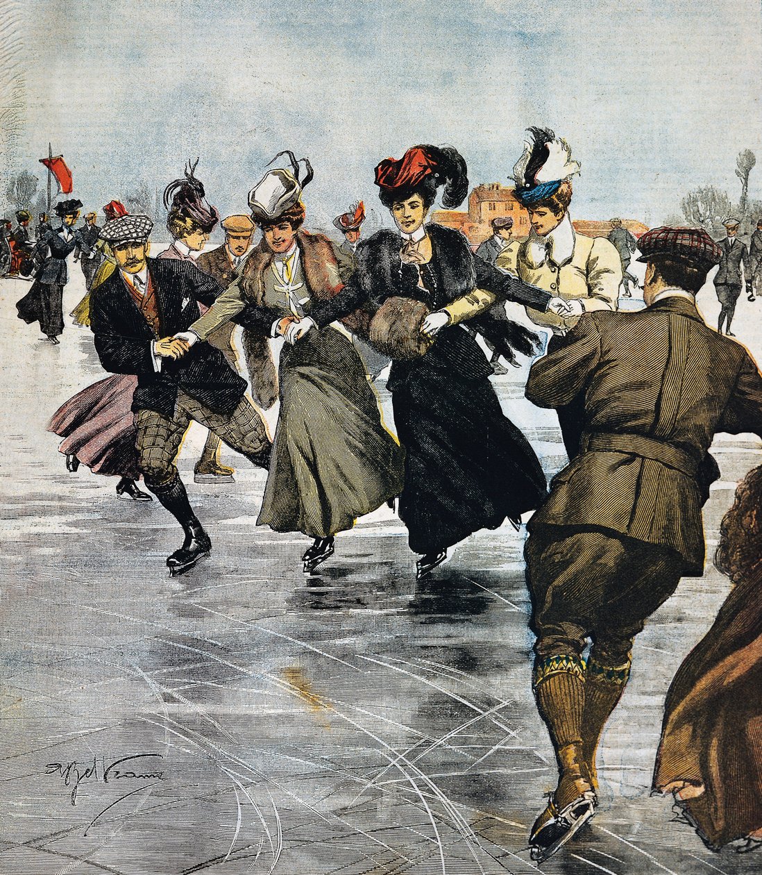 Divatos időtöltések, korcsolyázás, Achille Beltrame (1871-1945) illusztrációja, a La Domenica del Corriere, január 27. alkotó: Achille Beltrame