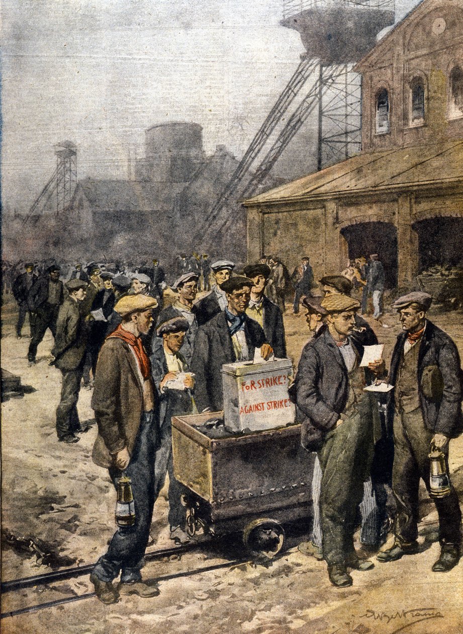 Angol bányászsztrájkok. Illusztráció: Achille Beltrame. "A futár vasárnapja" alkotó: Achille Beltrame