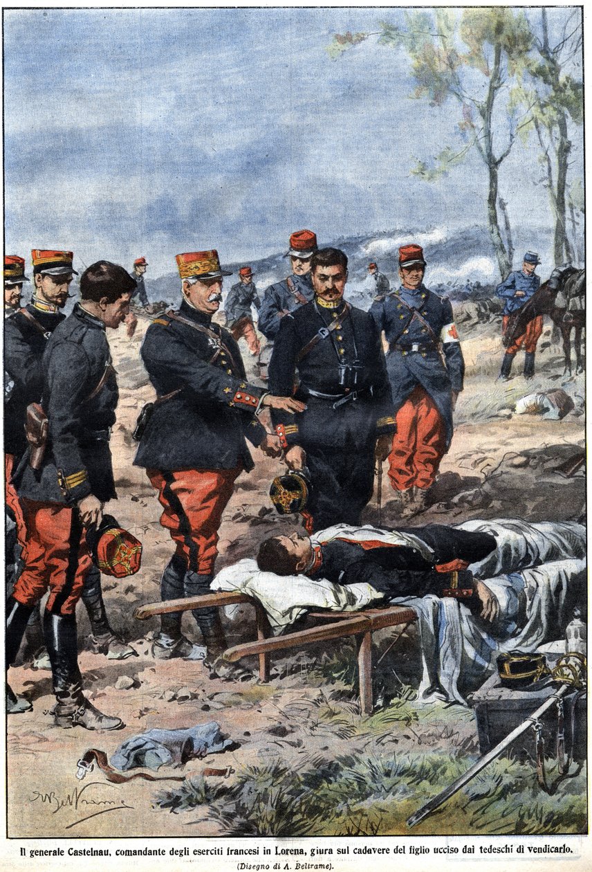 Az 1914-es háború epizódja: Noel Edouard de Curieres de Castelnau tábornok (1851-1944), a francia hadsereg lotharingiai parancsnoka megesküszik halott fia holttestére, hogy megbosszulja őt. Illusztráció: Achille Beltrame a „La Domenica del Corriere” című f alkotó: Achille Beltrame