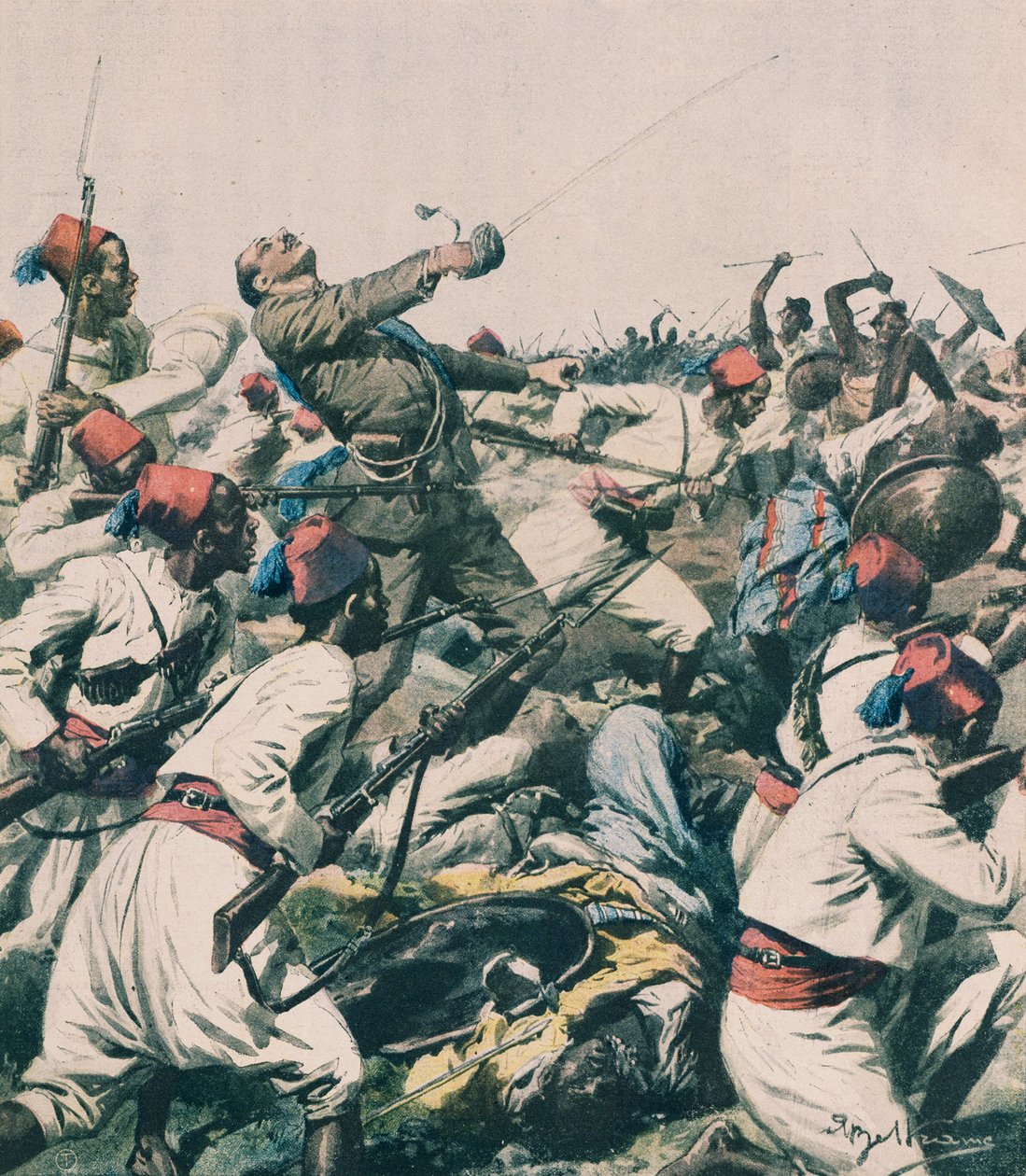 Etióp támadás Lugh helyőrsége ellen és Bongiovanni kapitány megölése, Achille Beltrame, illusztráció, Achille Beltrame (1871-1945), a La Domenica del Corriere-ből alkotó: Achille Beltrame