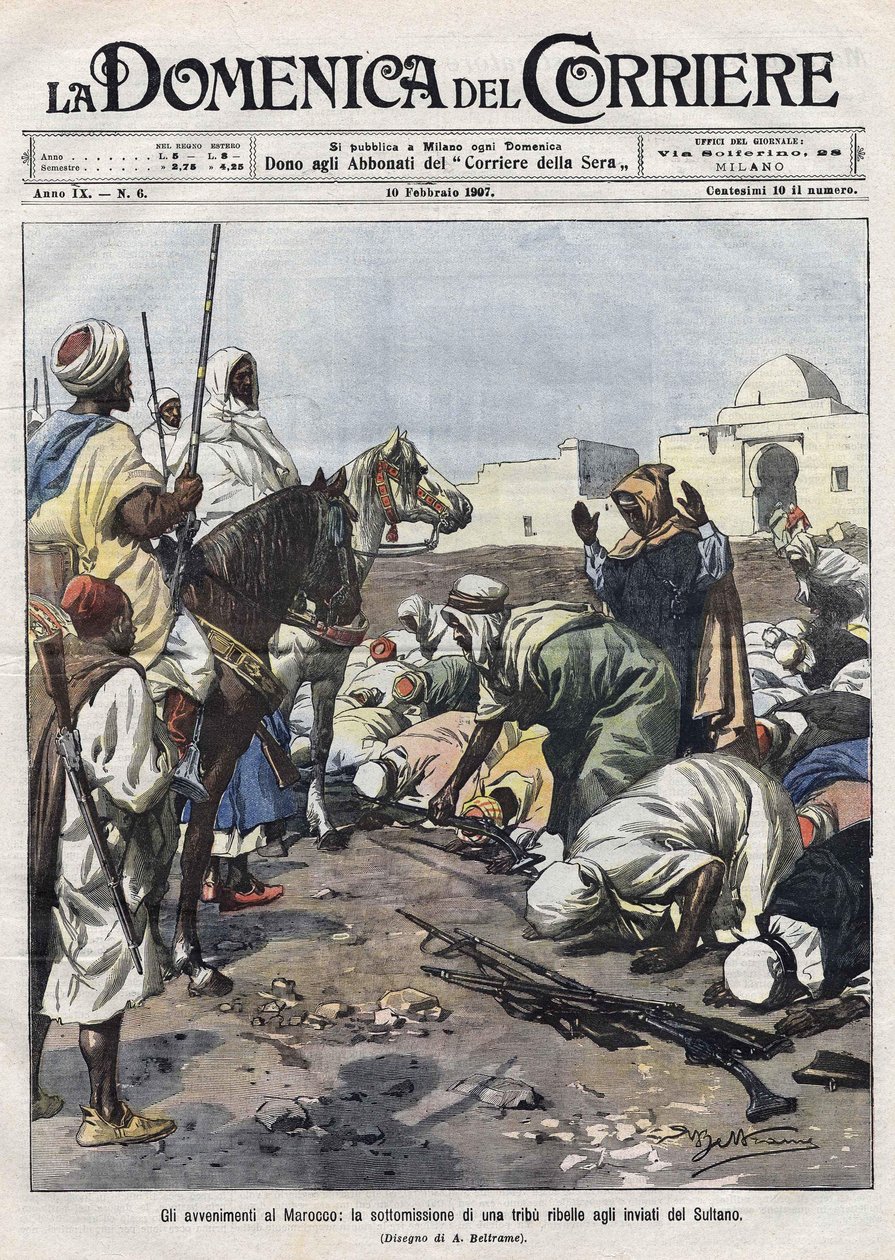 Marokkói események: egy lázadó törzs megadja magát a szultán képviselőinek. Beltrame illusztrációja. La Domenica del Corriere alkotó: Achille Beltrame