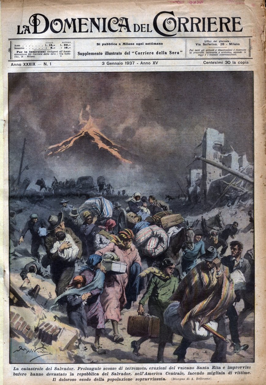 El Salvador lakosságának kivándorlása a földrengés és a Santa Rita vulkán kitörése után. Achille Beltrame illusztrációja a „” La domenica del corriere” című filmben 1937.03.01. alkotó: Achille Beltrame