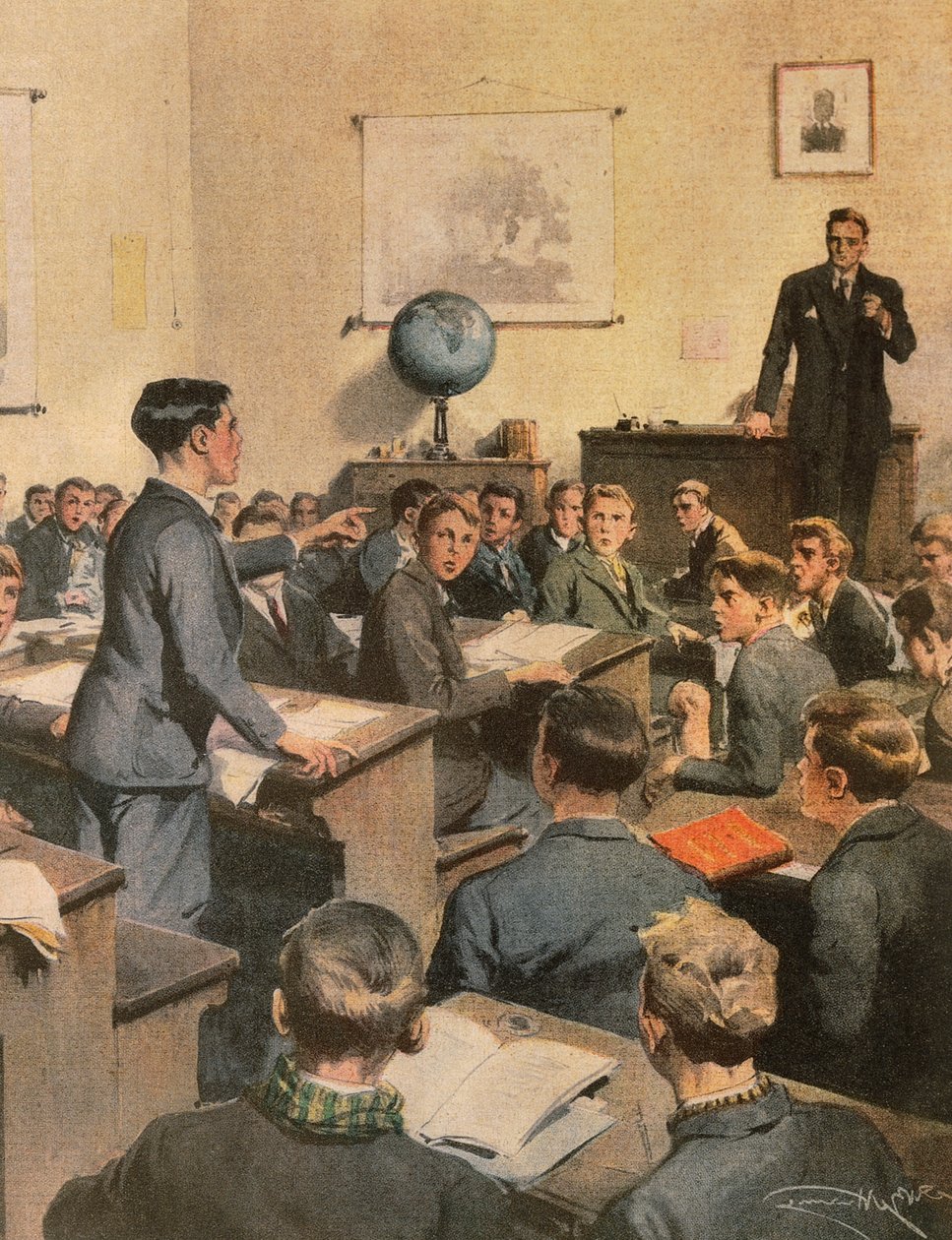 Küzdelem az analfabéta ellen, gyerekek az iskolában, Achille Beltrame, illusztráció, illusztrátor Achille Beltrame (1871-1945), a La Domenica del Corriere-ből alkotó: Achille Beltrame