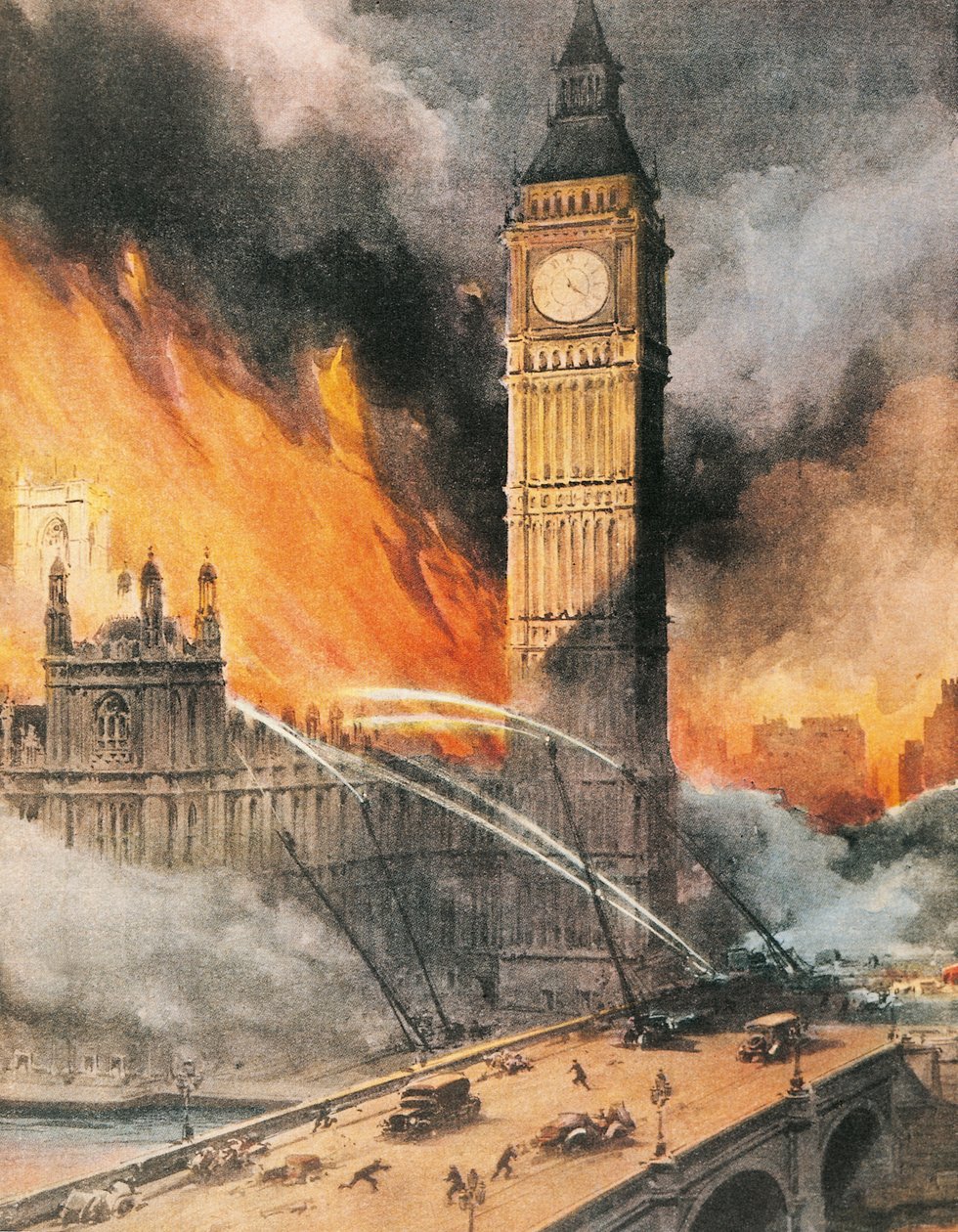 Tűz a londoni Westminster Palotában német bombázás után, illusztráció a „The Sunday Courier” című filmből alkotó: Achille Beltrame