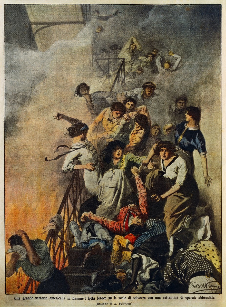 Tűz egy nagy amerikai textilgyárban: munkások a lépcsőházban, Achille Beltrame (1871-1945) illusztrációja, a La Domenica del Corriere augusztus 10-i számából. alkotó: Achille Beltrame