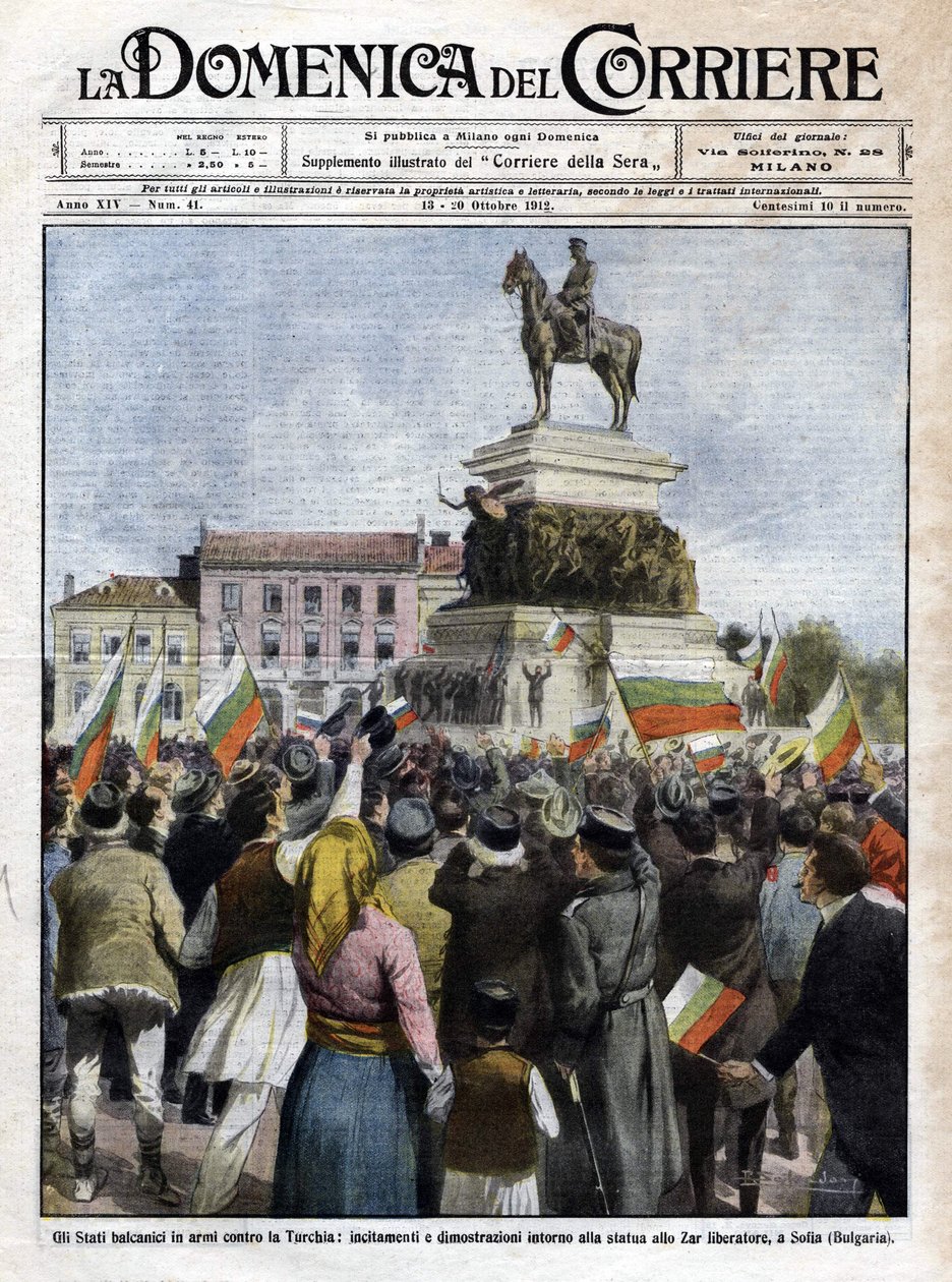 Első balkáni háború: tüntetések a cár szobra előtt Szófiában, Bulgáriában - Beltrame illusztrációja a La Domenica del Corriere-ben - 1912. október (Első balkáni háború: tüntetés Szófiában, Bulgáriában) alkotó: Achille Beltrame