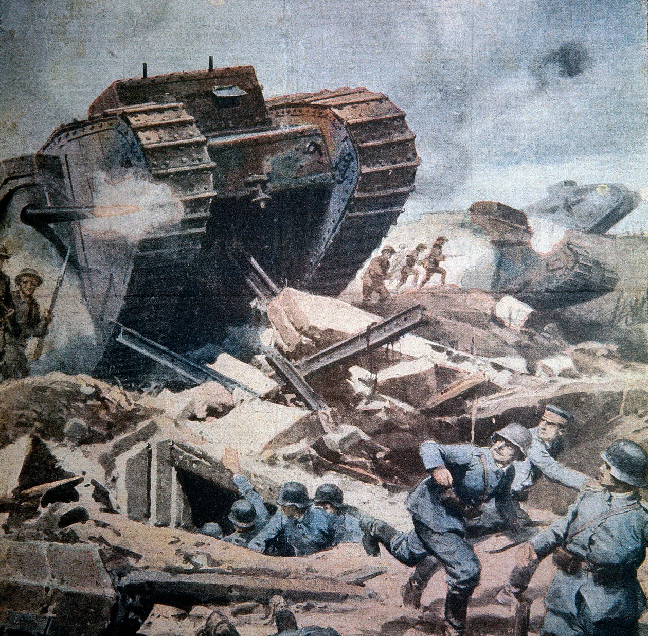 Első világháború (1914-1918): "" Angol tankok támadásai Picardiában"" Illusztráció az Achilles-beltrame-ről a La Domenica del Corriere 1916-ból alkotó: Achille Beltrame
