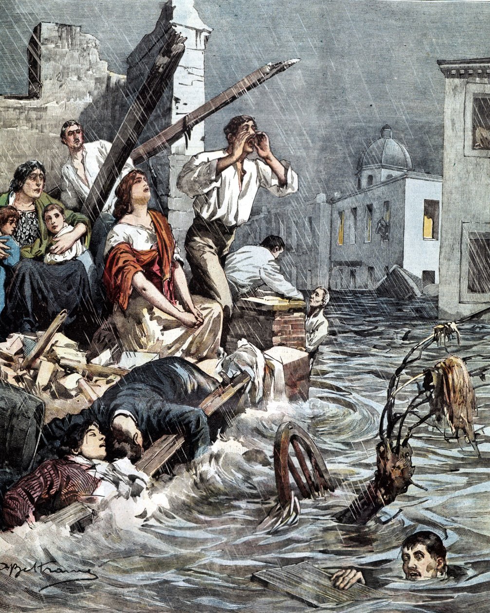 Modica (Szicília) áradása 1901-ben. La Domenica del Corriere. Ill. de Beltrame alkotó: Achille Beltrame