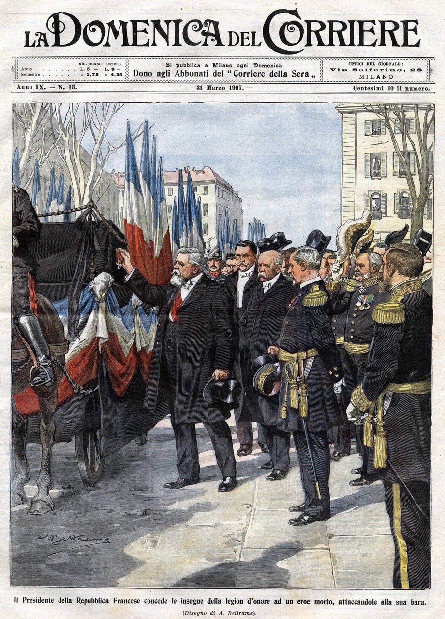 Armand Fallieres (1841-1931) francia elnök a Becsületlégió kitüntetését adja át a csatában elesett hősnek. Ill. de Beltrame. La Domenica del Corriere. 1907.03.31. alkotó: Achille Beltrame