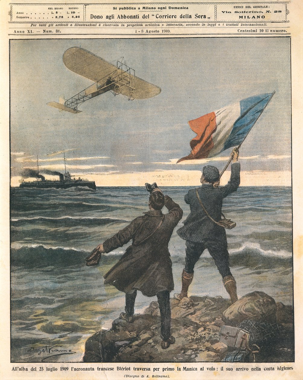 Louis Bleriot francia pilóta, első személy átkelő a La Manche csatornán, ünnepségek az angol tengerparton, július 25 alkotó: Achille Beltrame
