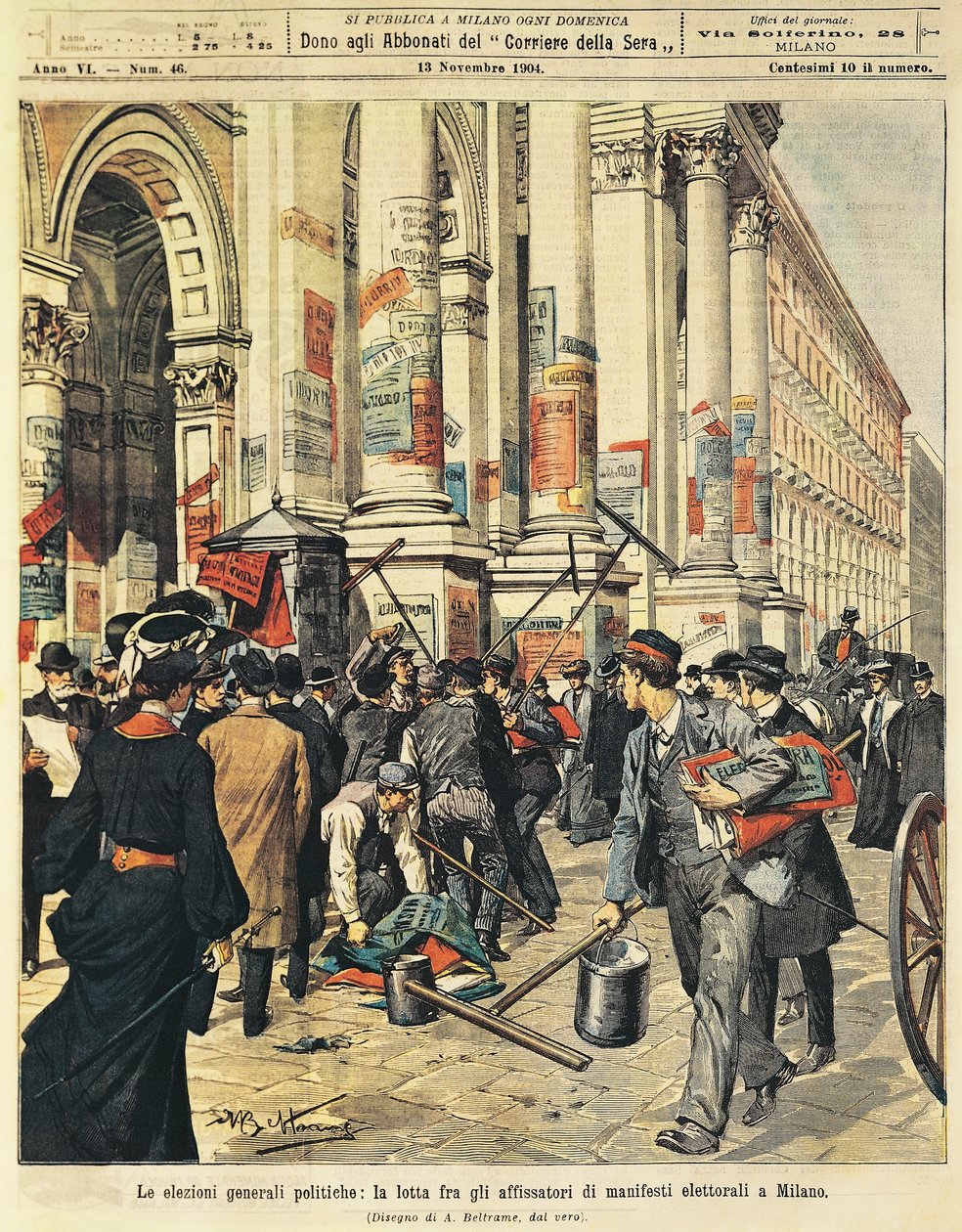 Általános választások Milánóban: összetűzések a milánói politikai plakátokon lógó emberek között, Achille Beltrame (1871-1945), a La Domenica del Corriere alkotó: Achille Beltrame