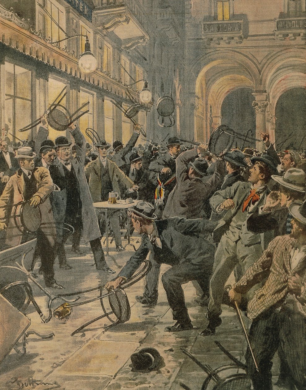 Általános munkássztrájk Milánóban, zavargások a Galleria Vittorio Emanuele II-ben, készítette Achille Beltrame, illusztráció, Achille Beltrame (1871-1945), a La Domenica del Corriere-ből alkotó: Achille Beltrame