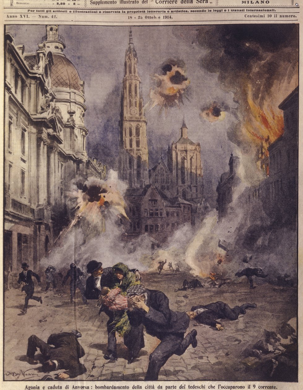 Német repülőgépek bombázzák Antwerpent. a "La Domenica del Corriere"-ből alkotó: Achille Beltrame
