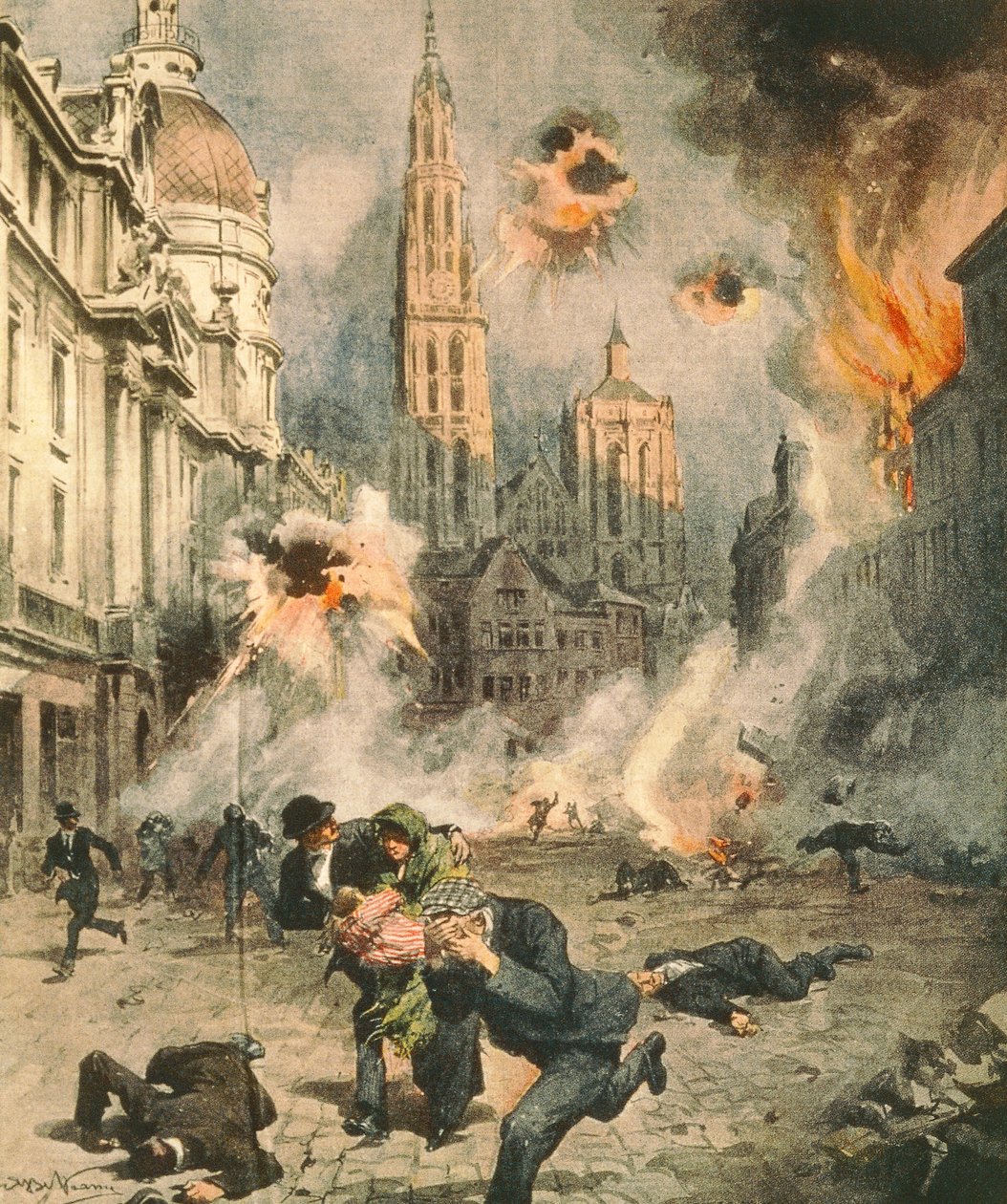 Antwerpen német bombázása és megszállása, Achille Beltrame (1871-1945), illusztráció a La Domenica del Corriere című lapból. alkotó: Achille Beltrame