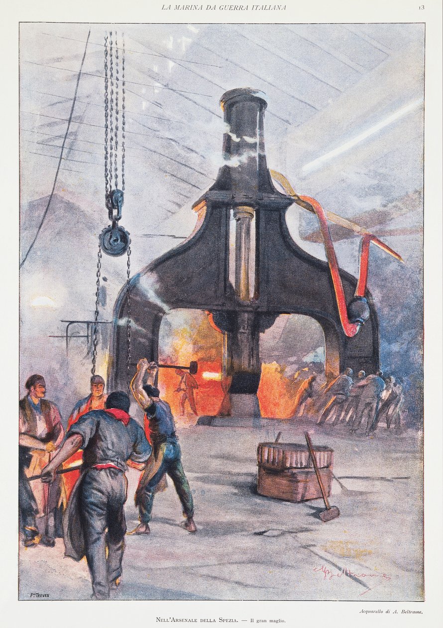 Óriás kalapács az arzenálban La Speziában, Achille Beltrame, illusztráció, Achille Beltrame (1871-1945) illusztrátor, a La Domenica del Corriere-ből alkotó: Achille Beltrame