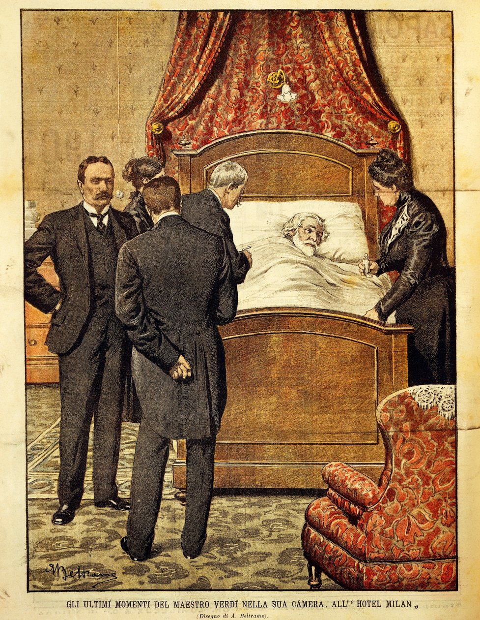 Giuseppe Verdi (1813-1901) haldoklik, illusztrációja: Achille Beltrame (1871-1945). Olaszország, XX. század. alkotó: Achille Beltrame