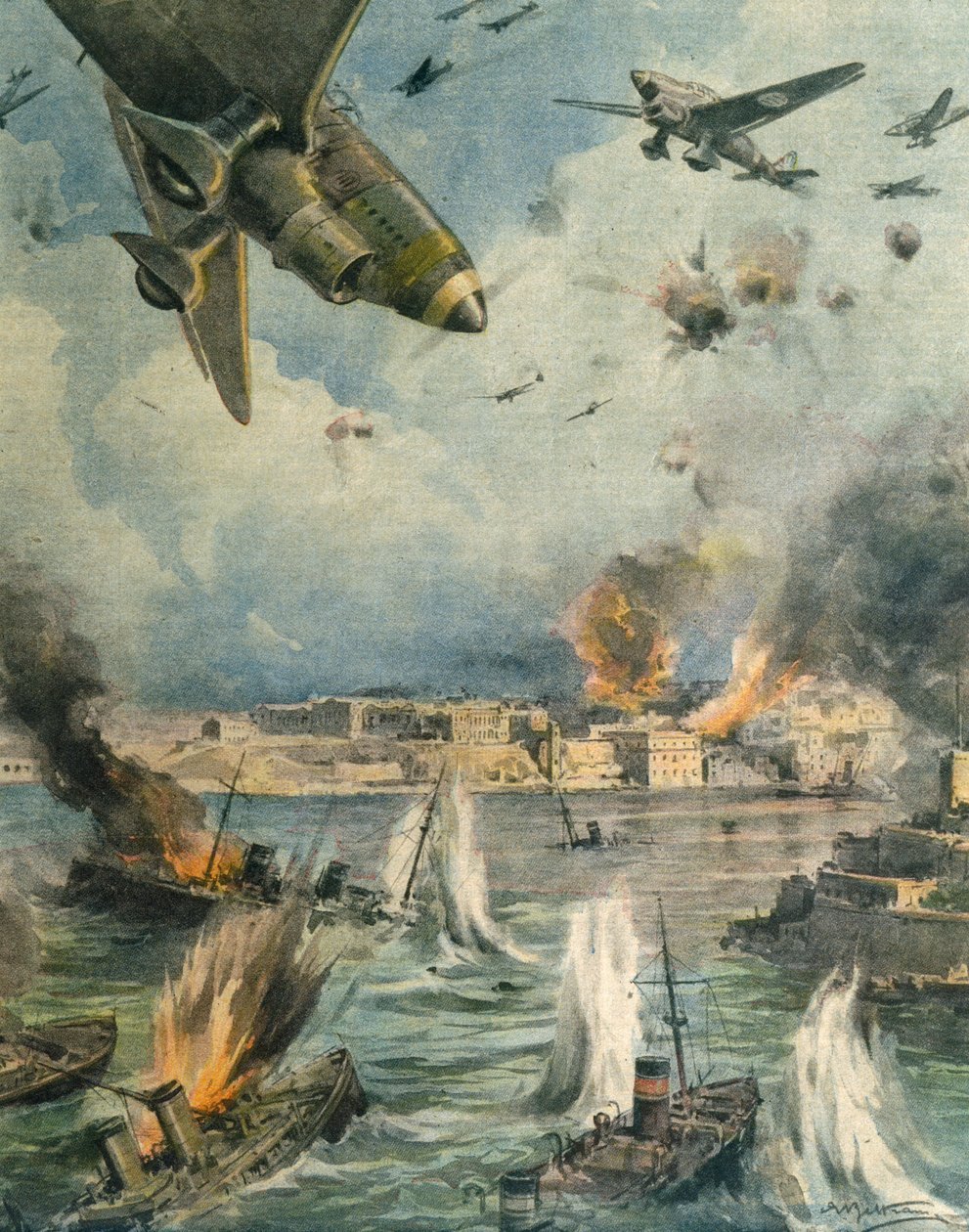 Nagy Tengely légi offenzíva Málta felett, Achille Beltrame, illusztráció, Achille Beltrame (1871-1945) illusztrátor, La Domenica del Corriere, 1942. január 25. alkotó: Achille Beltrame