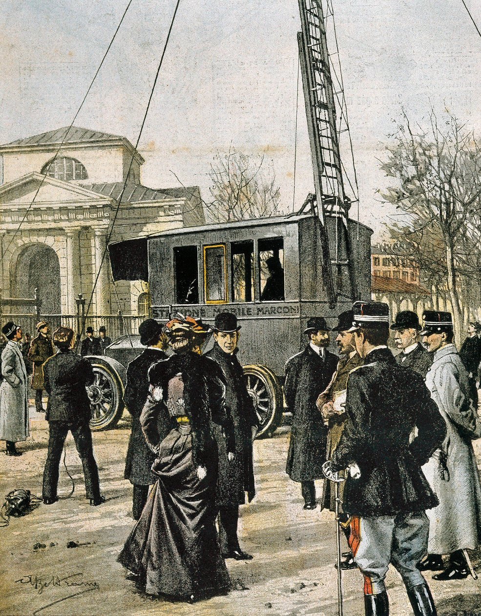 Guglielmo Marconi segít Milánóban az első Stazione Radio Mobile tesztjén. Illusztráció: Achille Beltrame a „Domenica del Corriere”-hez” (1906). Metszés. alkotó: Achille Beltrame