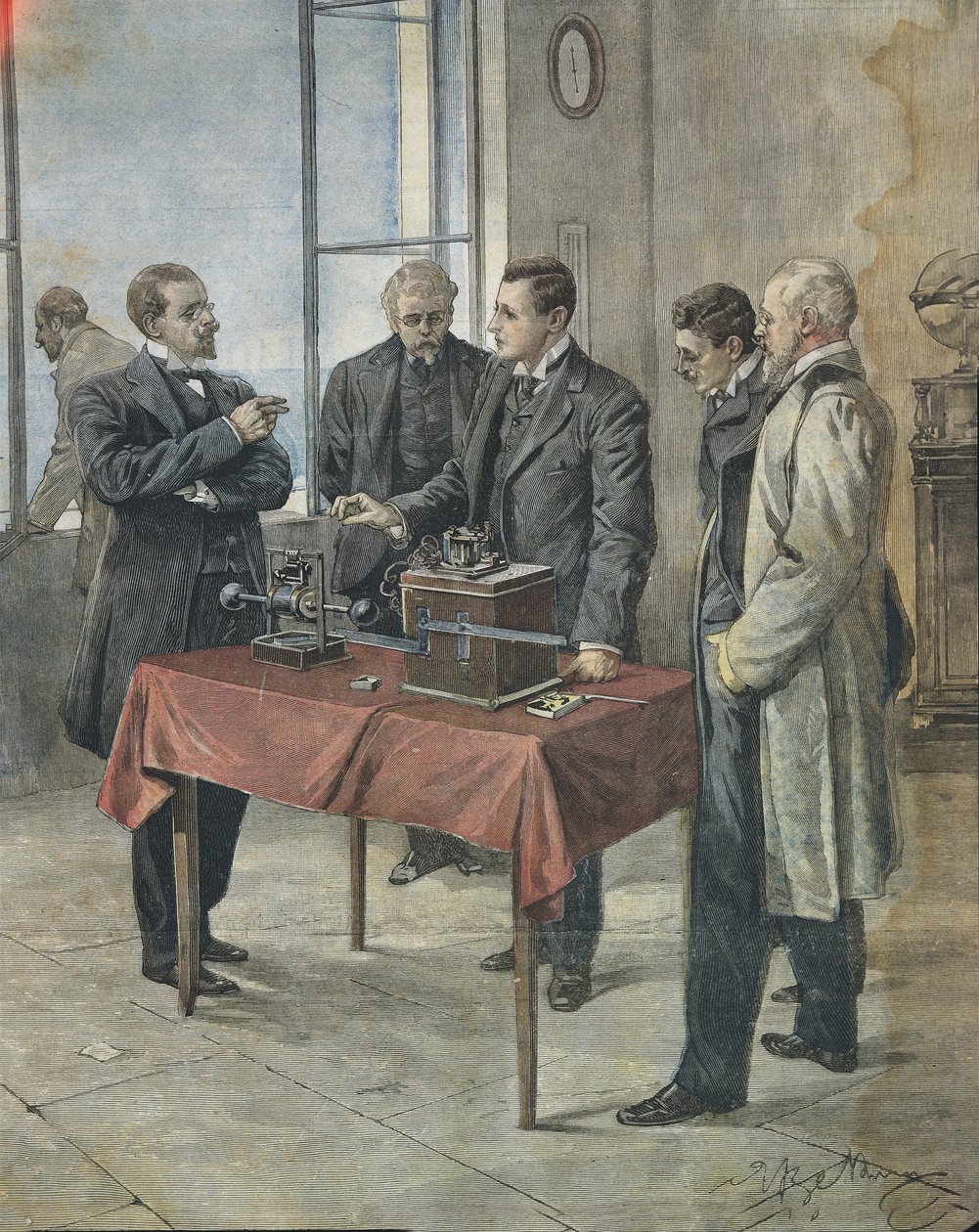 Guglielmo Marconi teszteli a vezeték nélküli távírást a La Manche csatornán. Illusztráció: Achille Beltrame a „La Domenica del Corriere” olasz újságban, április 22. alkotó: Achille Beltrame