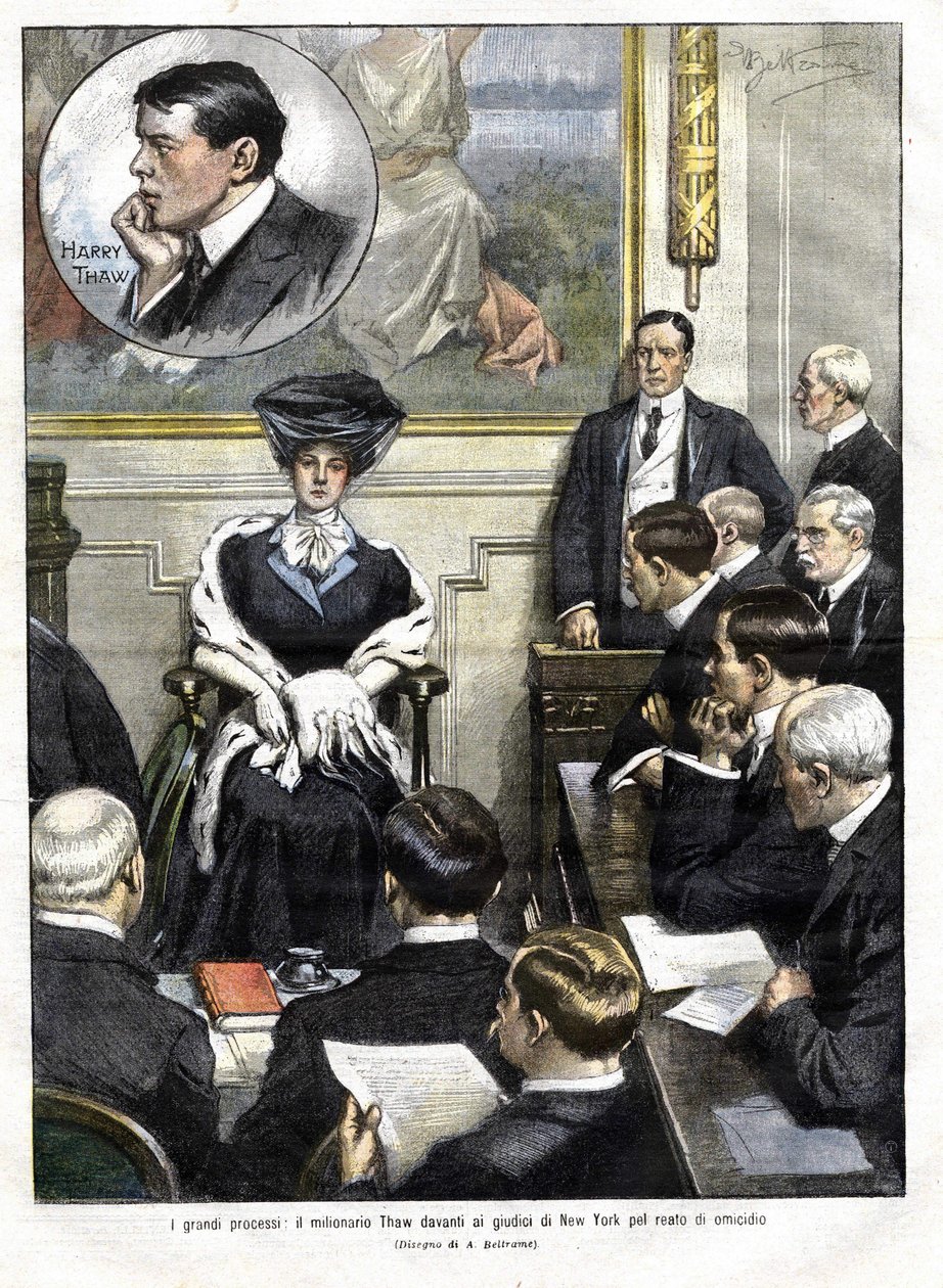Harry Thaw pere 1907-ben New Yorkban. Harry Thaw, egy nagykereskedő család fia, 1906-ban lemészárolta Stanford White építészt, felesége, Evelyn volt szeretőjét. az 1907. március 3-i domenica del corriere borítója, Achille Beltra illusztrációja alkotó: Achille Beltrame