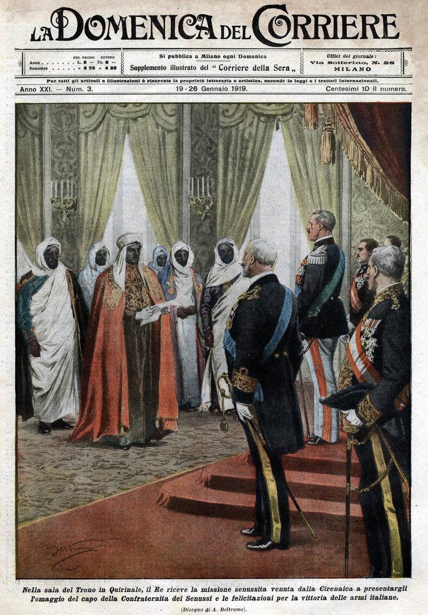 A Quirinale-palota tróntermében III. Viktor Emmanuel (Victor Emmanuel) (Vittorio Emanuele) olasz király fogadta a cyrenaique (líbiai) szenousista misszióját, aki eljött, hogy tisztelegjen és gratuláljon az olasz tro győzelméhez. alkotó: Achille Beltrame