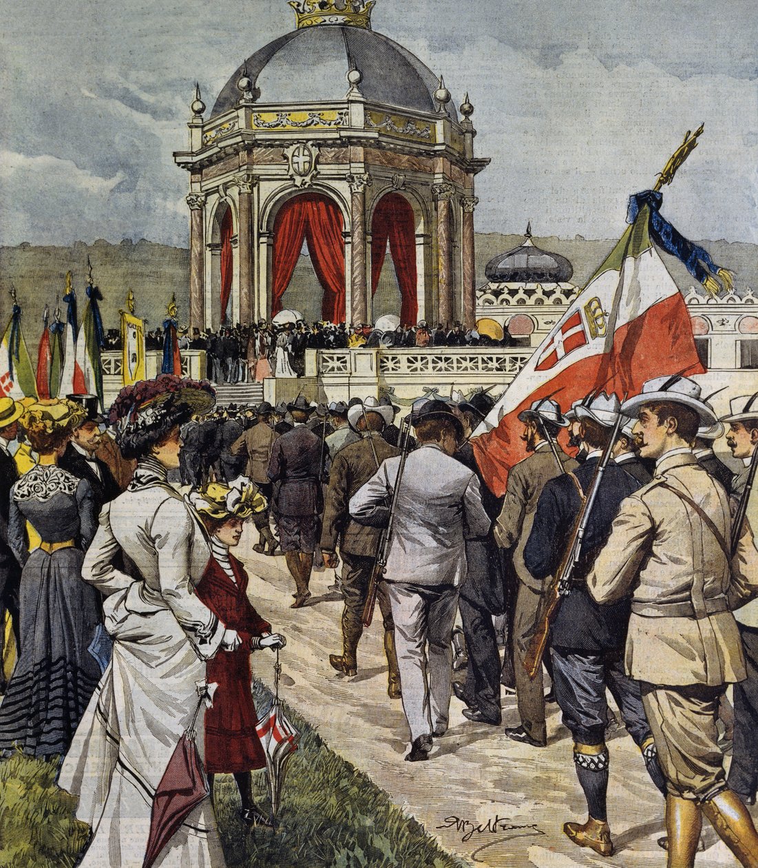 IV. lövészverseny megnyitója a Farnesina poligonon, Róma, Olaszország, Achille Beltrame illusztrációja a La Domenica del Corriere-ből, május 25. alkotó: Achille Beltrame