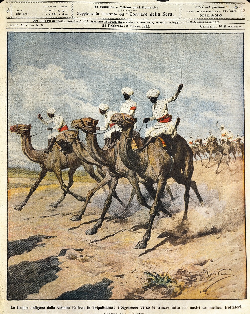Őslakos csapatok a tripolitániai eritreai kolóniáról, illusztrátor Achille Beltrame (1871-1945), La Domenica del Corriere, 1912. február 25. alkotó: Achille Beltrame