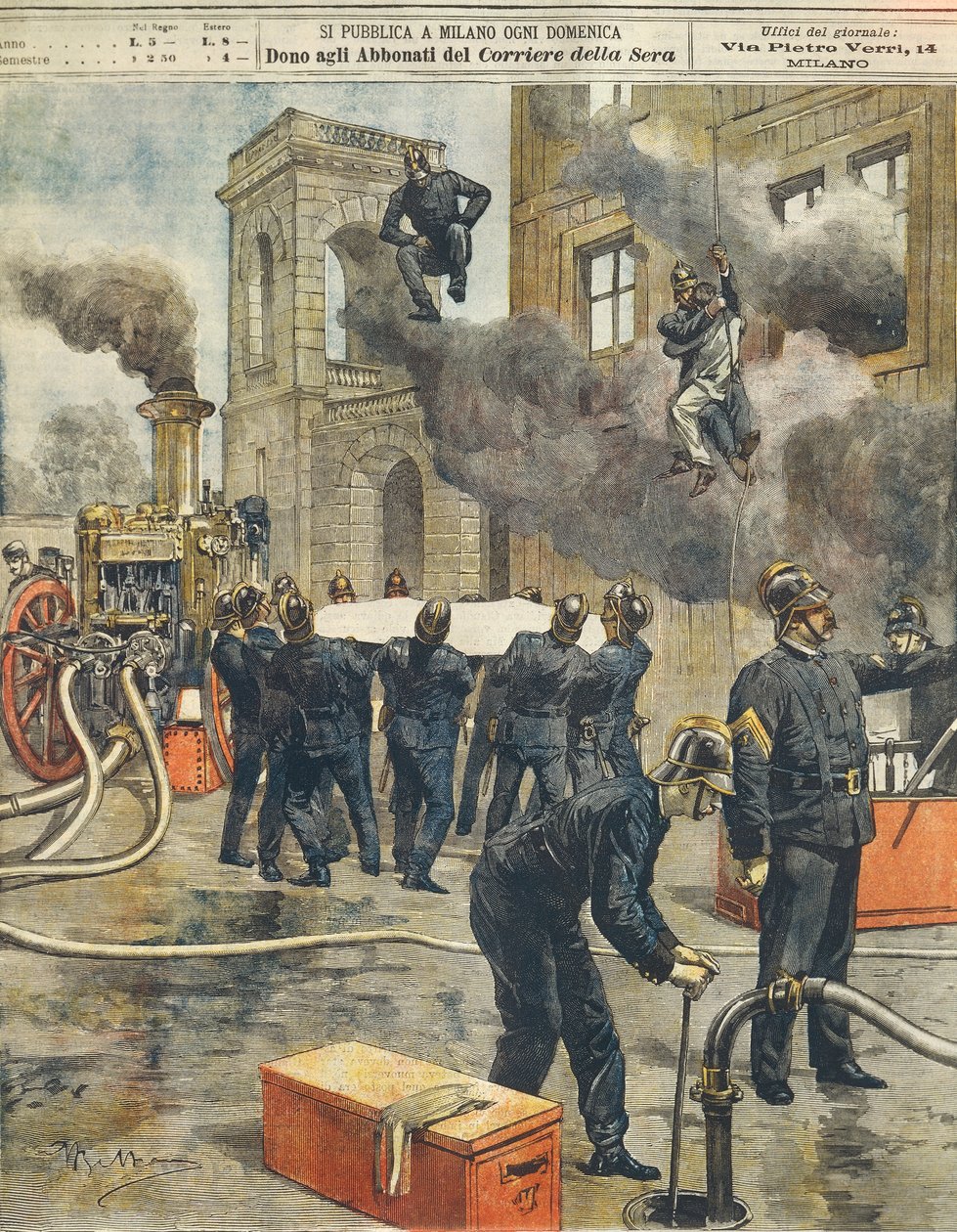 Olasz tűzoltók kongresszusa és bemutatója a milánói Arénában, Achille Beltrame (1871-1945), a La Domenica del Corriere-ből, 1899. szeptember 24. alkotó: Achille Beltrame