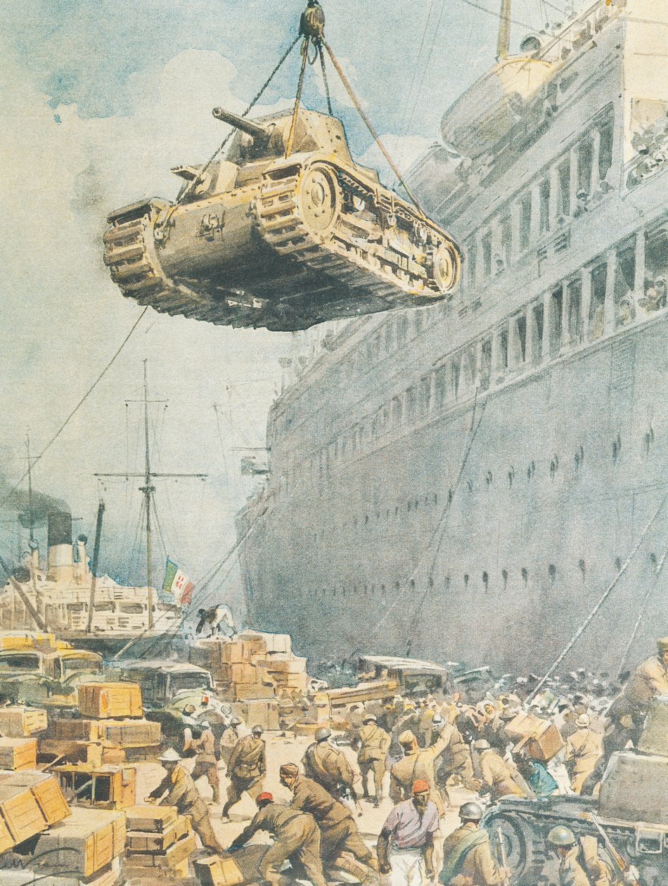 Olasz konvoj megérkezett a líbiai célállomásra, készítette Achille Beltrame, illusztráció, illusztrátor Achille Beltrame (1871-1945), a La Domenica del Corriere-ből alkotó: Achille Beltrame