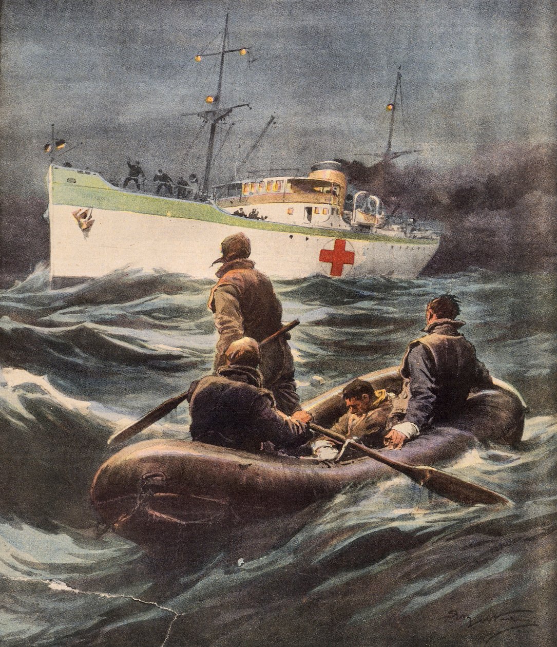 Achille Beltrame (1871-1945) négy lelőtt német repülőt megmentő olasz kórházhajó, illusztráció a La Domenica del Corriere-ből, február 23. alkotó: Achille Beltrame