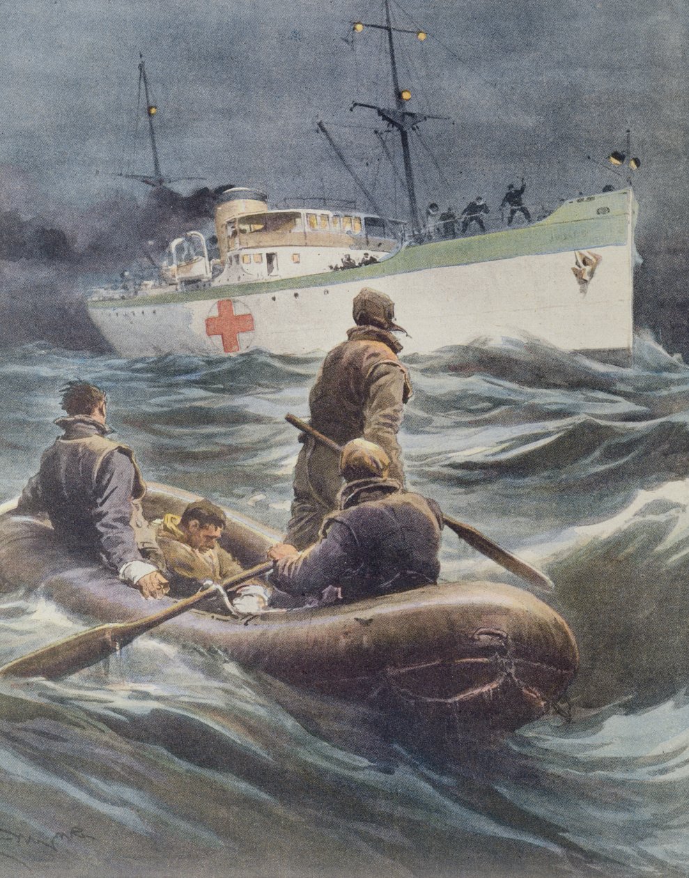 Olasz kórházhajó sebesülteket szállít a fedélzetére, Achille Beltrame, illusztráció, Achille Beltrame (1871-1945), La Domenica del Corriere, 1941. március 23. alkotó: Achille Beltrame