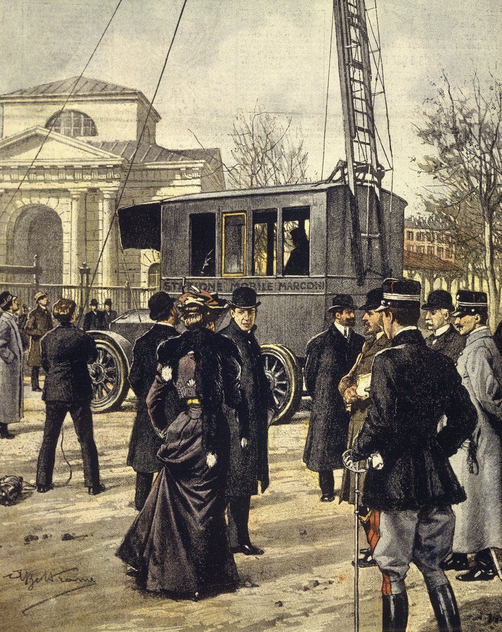 Guglielmo Marconi olasz fizikus az első mobil rádióállomással végzett kísérleteken vesz részt Milánóban, december 30-án alkotó: Achille Beltrame