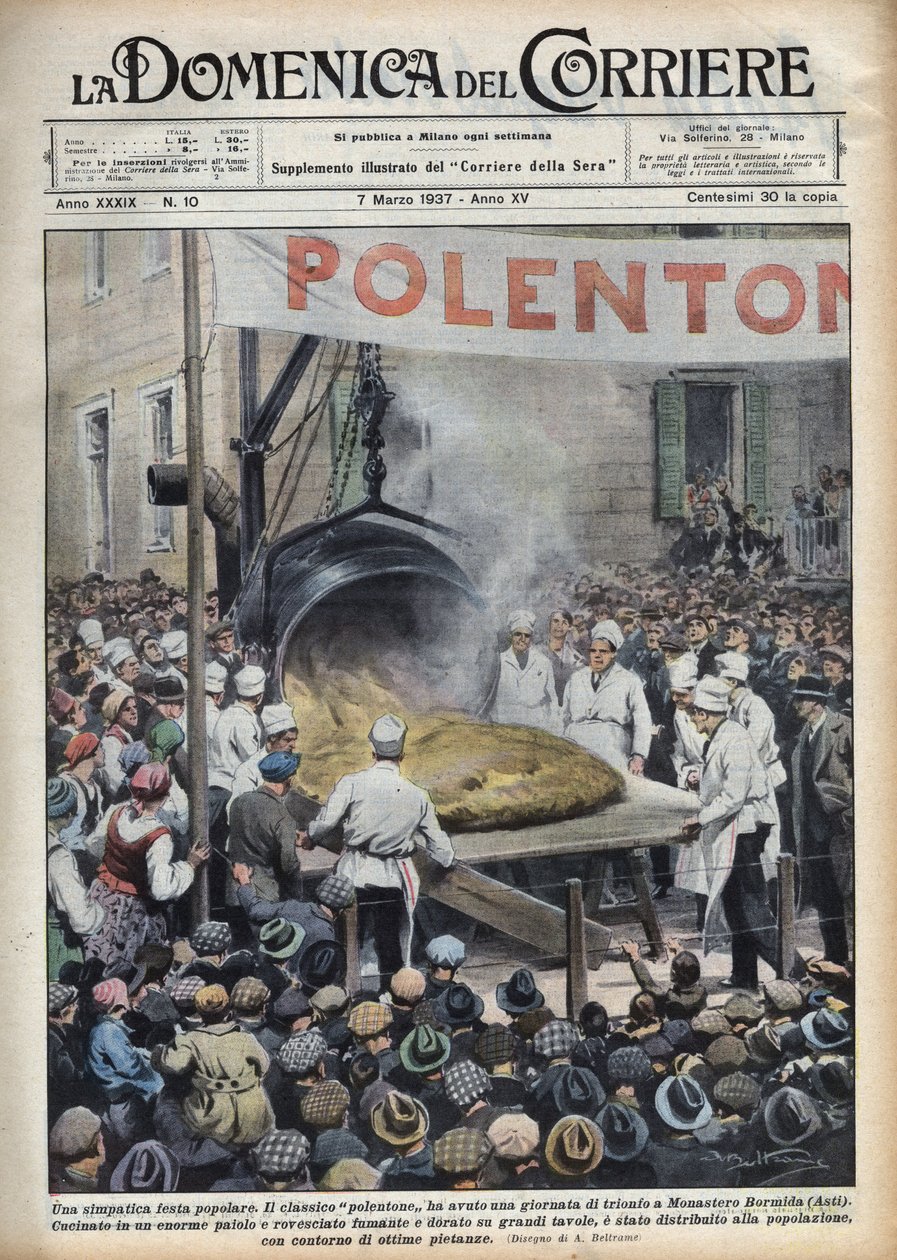 Olasz népszerű fesztivál: polenta geante (polentone) a venetói Asti melletti városban rendezett. Achille Beltrame illusztrációja a „La Domenica del Corriere”-ben, 1937.07.03. alkotó: Achille Beltrame