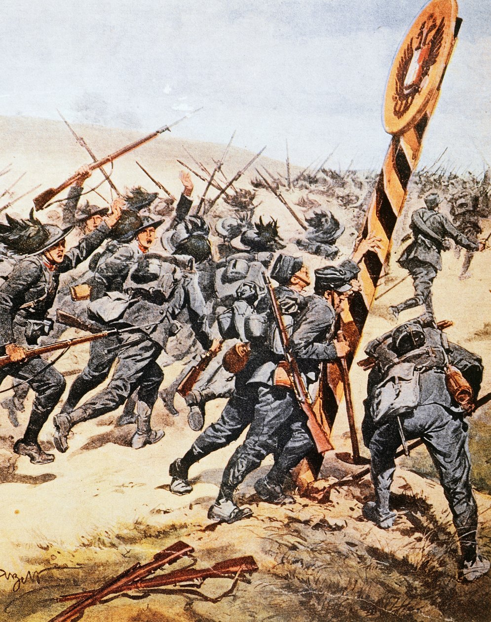 Olasz katonák átlépik az osztrák határt, Achille Beltrame (1871-1945), illusztráció a La Domenica del Corriere-ből, 1915. június alkotó: Achille Beltrame