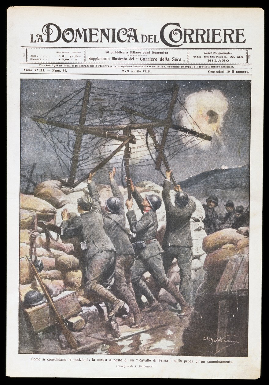Olasz katonák lövészárokba helyezik a fríz lovat, Achille Beltrame (1871-1945) tányérja Domenica del Corriere számára, 1916. április 2-9., első világháború, Olaszország, XX. század alkotó: Achille Beltrame