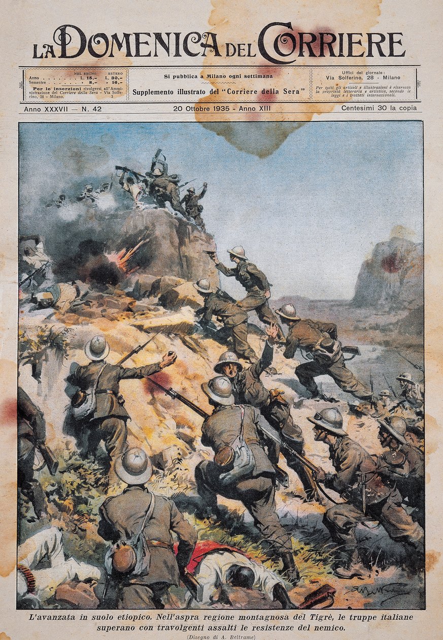 Olasz csapatok előrenyomulva etióp földön, illusztráció a La Domenica del Corriere-ből, október 20. alkotó: Achille Beltrame