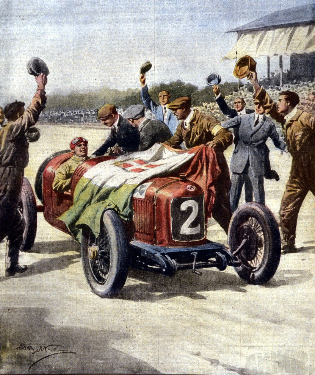 Olasz győzelem a 3. Európai Motoros Nagydíjon: az Ascari szerelői a háromszínű zászlót tüntetik fel az autón. Ill. de Beltrame. "La Domenica del Corriere". 1925.07. alkotó: Achille Beltrame