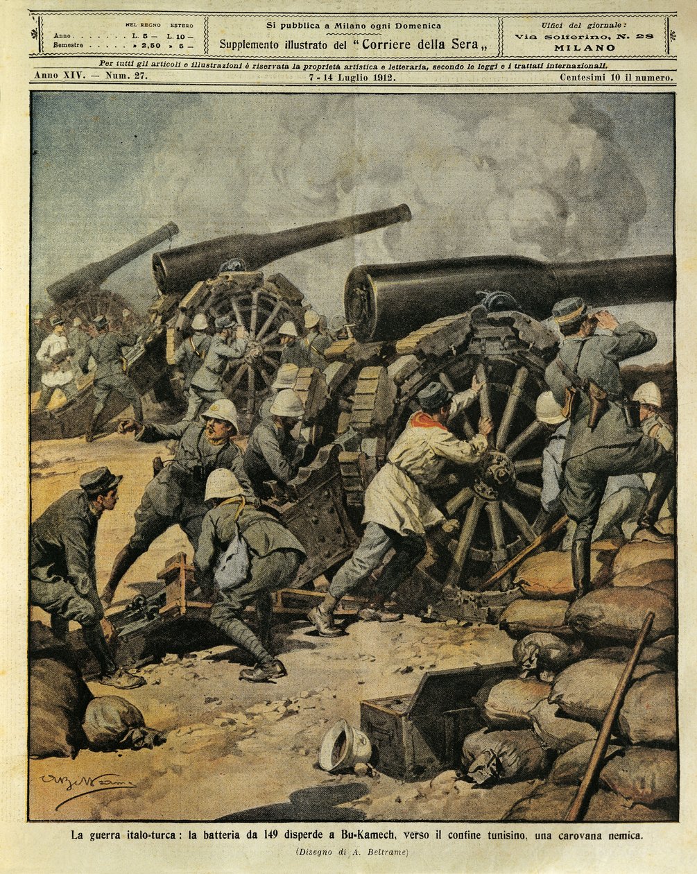 Olasz-török háború, ütegtűz a 149-es ágyúból, amely egy ellenséges karavánt irányított Bu-Kamekben a tunéziai határ felé, Achille Beltrame (1871-1945), La Domenica del Corriere-ből, 1912. július 7. alkotó: Achille Beltrame