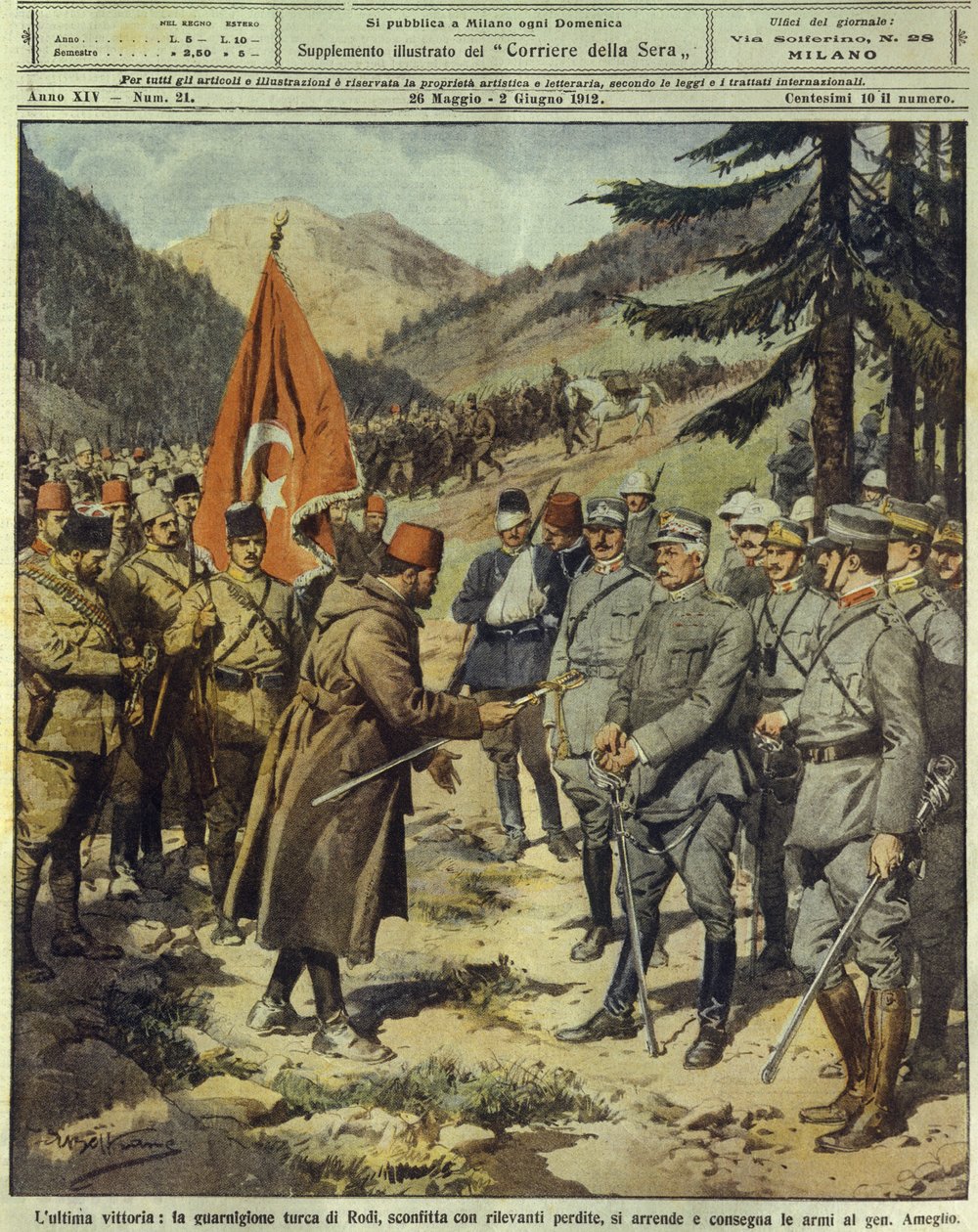 Olasz-török vagy líbiai háború (1911-1912), a török hadsereg megadja magát és fegyvereket ad fel Ameglio olasz tábornoknak Rodosznál, május 26. alkotó: Achille Beltrame